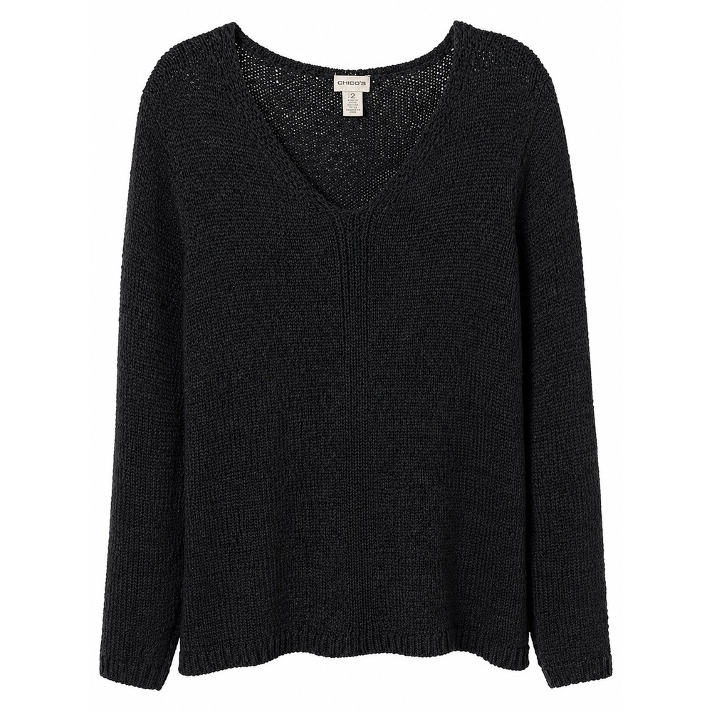 Chico's Black V Neck Sweater Size 2 Large Cotton Blend Tunic Open Knit